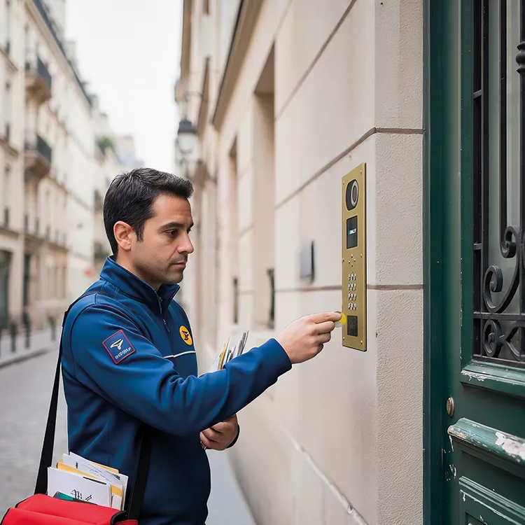 Technicien utilisant une platine de rue Comelit à l’entrée d’un immeuble.